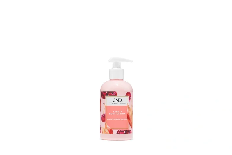 A bottle of CND Lotion 8.3oz Single with a pump dispenser, labeled as mango & coconut scent, against a white background.