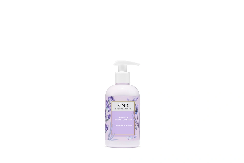 A bottle of CND Lotion 8.3oz Single with a pump dispenser, featuring a lavender label, isolated on a white background.