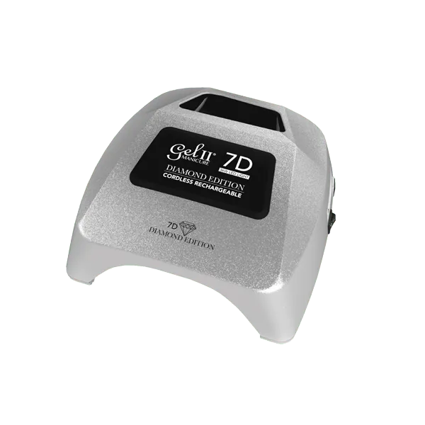 A silver Gel II Cordless Lamp 7D Diamond Edition with a black panel displaying the product name and specifications.