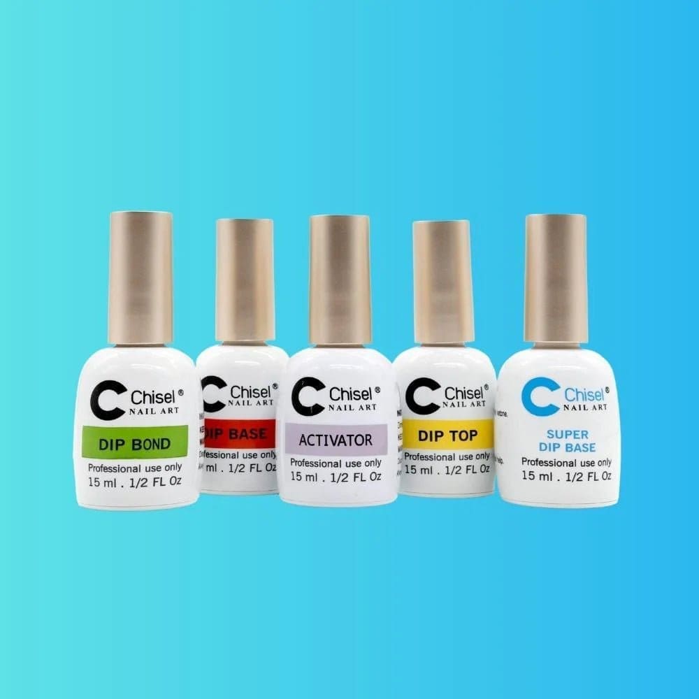 Five bottles of Chisel Dip Essentials 0.5oz on a gradient blue background, labeled Chisel Dip Essentials 0.5oz, Chisel Dip Essentials 0.5oz, Activator, Chisel Dip Essentials 0.5oz, and Super Chisel Dip Essentials 0.5oz. Each bottle contains 15 ml (1/2 fl. oz).