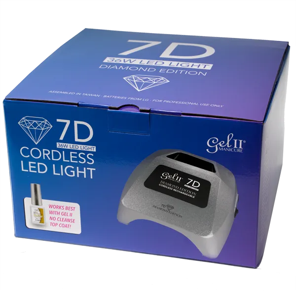A blue box of Gel II Cordless Lamp 7D Diamond Edition features a 36W LED light device and a nail polish bottle. The product is labeled as a professional use manicure tool.