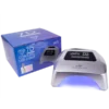 Box and device for Gel II Cordless Lamp 7D Diamond Edition, a nail curing light. The blue and white box displays the sleek silver Gel II Cordless Lamp 7D Diamond Edition with its vibrant purple light.