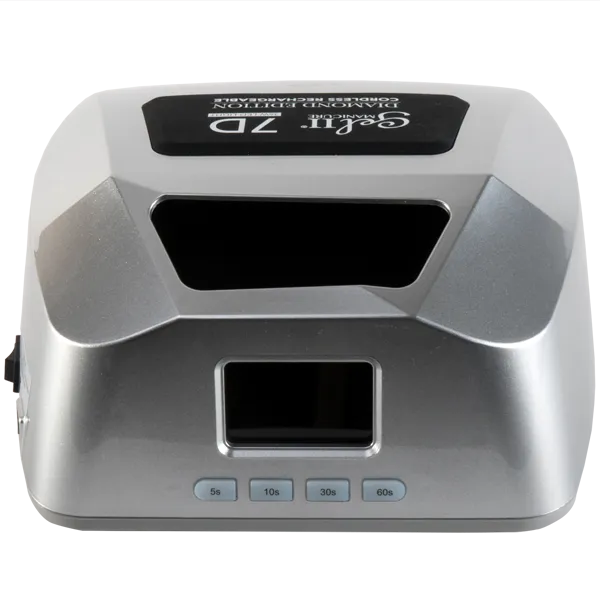 A silver Gel II Cordless Lamp 7D Diamond Edition with a rectangular opening and a screen at the front. Three buttons beneath the screen are labeled "5s", "10s", and "30s".