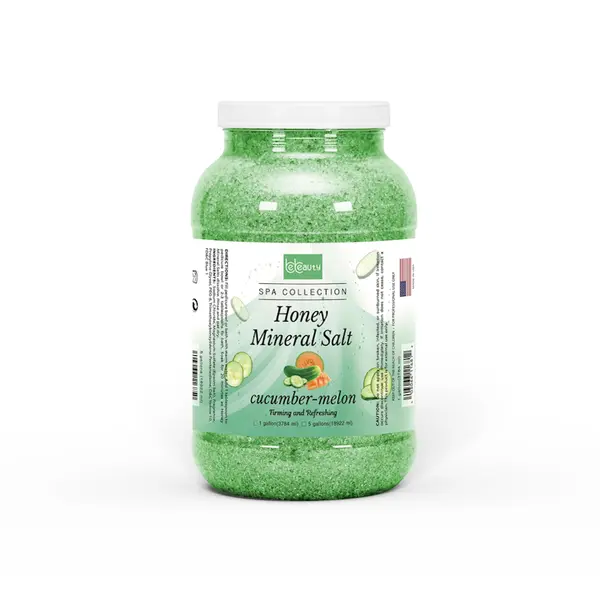 A gallon of Bebeauty Spa Honey Mineral Salt with cucumber-melon scent, isolated on a white background.