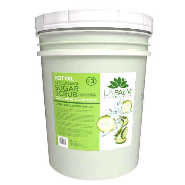 A 5-gallon bucket of La Palm Hot Oil Sugar Scrub Bucket in cucumber cashmere scent with labels detailing product information.
