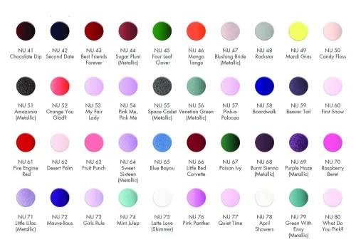 A chart showing the different colors of NuGenesis 2oz Dipping Powder Large gel nail polish.