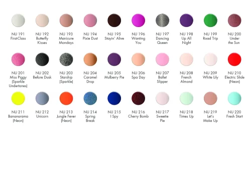 A chart displaying various NuGenesis 2oz Dipping Powder Large nail polish colors available in 2oz and Large sizes.
