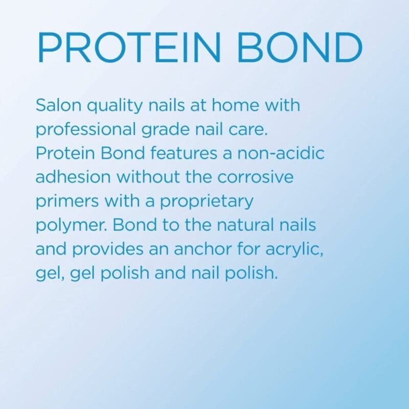 Text reading: "Young Nails Protein Bond 0.25oz - Achieve salon-quality nails at home with this professional-grade nail care product. Protein Bond offers non-acidic adhesion without harmful corrosive primers, using a proprietary polymer formula for superior performance...