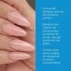 A close-up shot features a hand with glossy, elongated nails on the left. On the right, text highlights the benefits of Young Nails Protein Bond 0.25oz: non-acidic adhesion, effective bonding to natural nails, and creating a sticky surface perfect for enhancements.