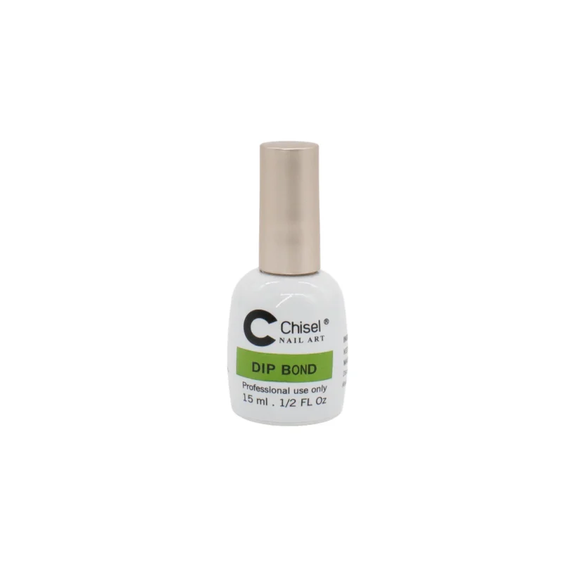 A white bottle of Chisel Nail Art Dip Bond, part of the Chisel Dip Essentials collection, with a gold cap. Labeled "Professional use only, 15 ml, 0.5oz".
