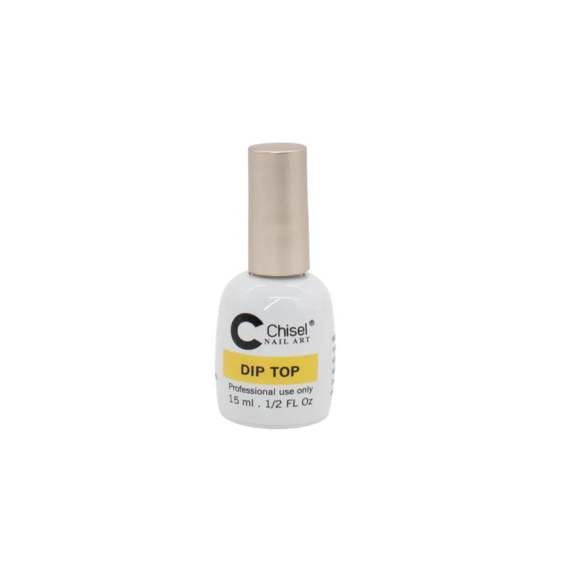 A bottle of Chisel Nail Art Dip Top, part of the Chisel Dip Essentials line. The label indicates it is for professional use only and contains 15 ml (0.5 oz).