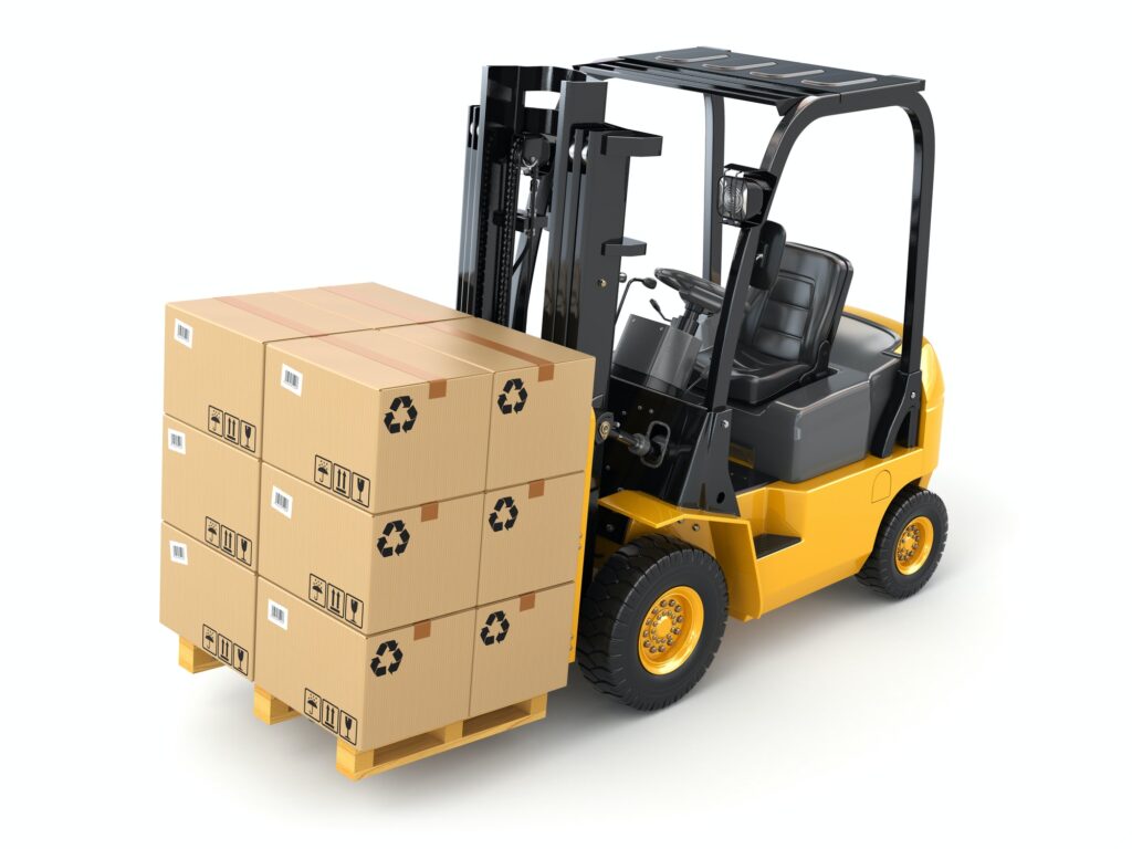 Forklift truck with boxes on pallet. Cargo.