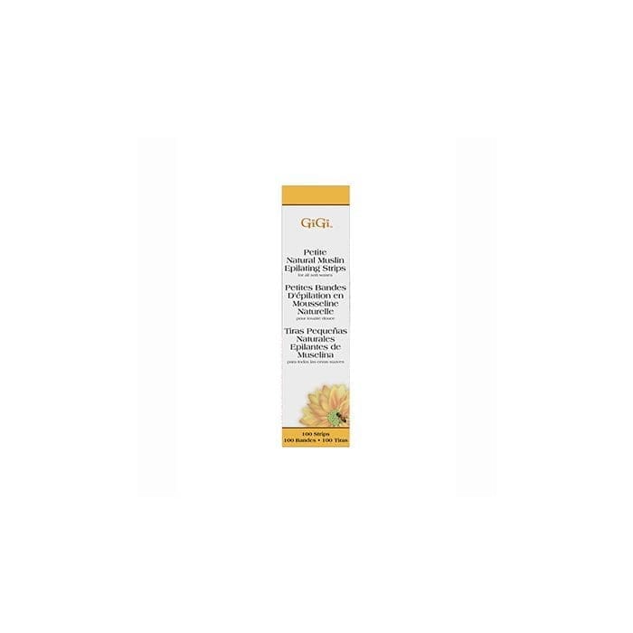 Image of a GiGi Small Cloth Epilating Strips box featuring 100 small cloth epilating strips. The packaging is white with orange accents and showcases an illustration of a flower.