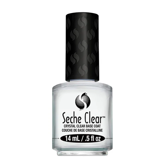A bottle of Seche CLEAR Crystal Clear Base Coat 0.5oz nail polish with a black cap, displaying volume (0.5oz) and brand details.