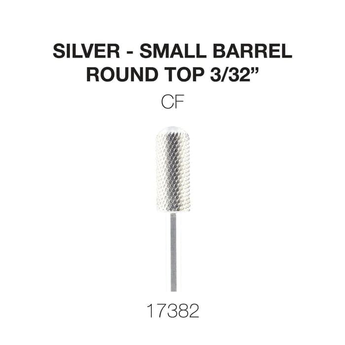 Image of a silver small barrel with a round top, 3/32 inches in size. Labeled "CF" with the number 17382 at the bottom. This piece resembles the Cre8tion 2-Way Rounded Top Carbide Bit 3/32" Small Barrel.