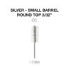 Image of a small barrel round top silver nail drill bit, measuring 3/32 inches in diameter. The text reads "Silver - Small Barrel Round Top 3/32"", "CC", and "17384. This Cre8tion 2-Way Rounded Top Carbide Bit 3/32" Small Barrel offers precision with its compact size and durable design.