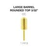 Image of a gold large barrel rounded top nail drill bit labeled as 3/32" with the model number 17413, featuring the Cre8tion 2-Way Rounded Top Carbide Bit 3/32" Large Barrel.