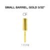 Image of a small gold-colored barrel bit labeled as "SMALL BARREL, GOLD 3/32"". The text beneath it reads "CF" and "17019". This Cre8tion 2-Way Carbide Small Barrel Bit 3/32" is designed for precision and durability.