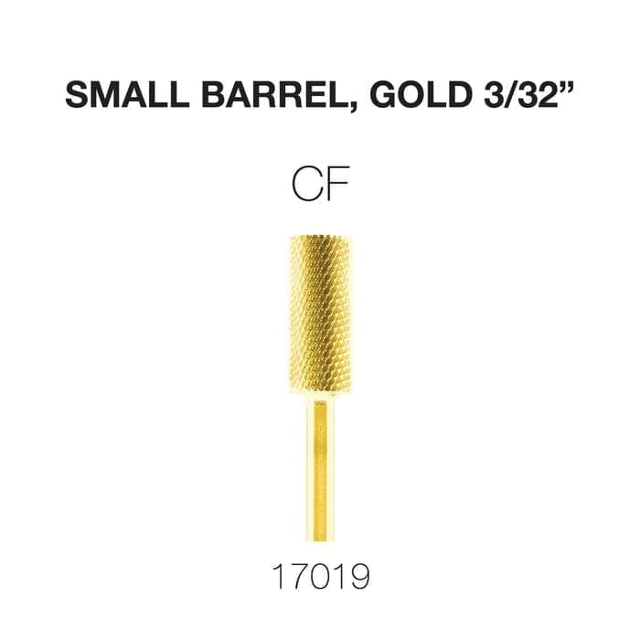 Image of a small gold-colored barrel bit labeled as "SMALL BARREL, GOLD 3/32"". The text beneath it reads "CF" and "17019". This Cre8tion 2-Way Carbide Small Barrel Bit 3/32" is designed for precision and durability.