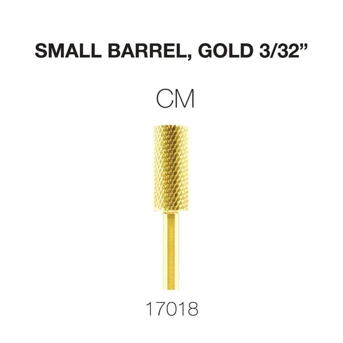 Image of a small gold-colored barrel nail drill bit, labeled "Cre8tion 2-Way Carbide Small Barrel Bit 3/32