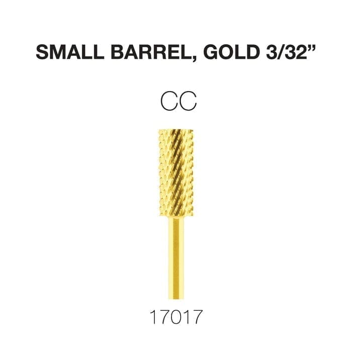 Image of a gold 3/32-inch small barrel bit with coarse cross-cut texture, identified by the label "CC" and product number "17017". This Cre8tion 2-Way Carbide Small Barrel Bit 3/32" offers precision and durability for professional results.