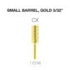 Image of a gold, small barrel-shaped rotary tool bit labeled "CX" with a 3/32" shank, product code 17016. This Cre8tion 2-Way Carbide Small Barrel Bit 3/32" is perfect for precision tasks.