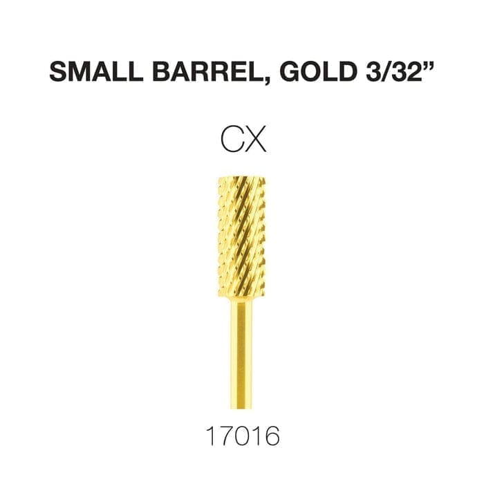 Image of a gold, small barrel-shaped rotary tool bit labeled "CX" with a 3/32" shank, product code 17016. This Cre8tion 2-Way Carbide Small Barrel Bit 3/32" is perfect for precision tasks.