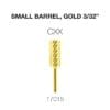 Image of a gold small barrel-shaped tool labeled "CXX." The text above reads "Small Barrel, Gold 3/32"" and the number "17015" is written below. Featuring the Cre8tion 2-Way Carbide Small Barrel Bit 3/32," this tool offers precision and durability.
