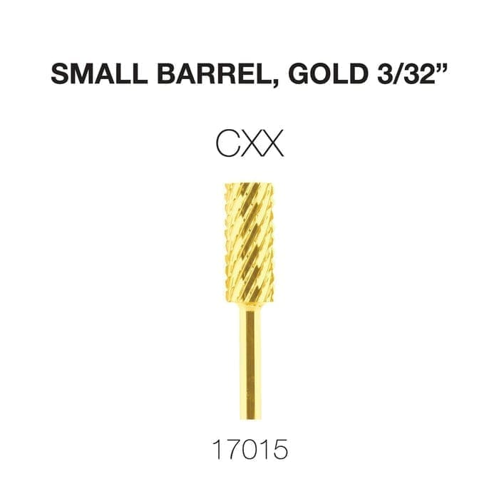 Image of a gold small barrel-shaped tool labeled "CXX." The text above reads "Small Barrel, Gold 3/32"" and the number "17015" is written below. Featuring the Cre8tion 2-Way Carbide Small Barrel Bit 3/32," this tool offers precision and durability.