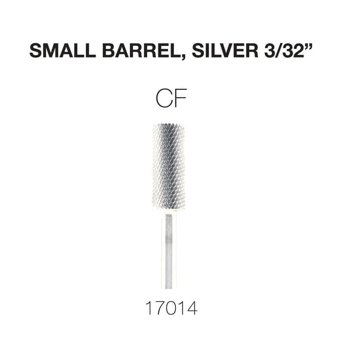 Close-up of a small silver barrel-shaped file labeled "CF" and sized 3/32". The code "17014" is noted below the file. This Cre8tion 2-Way Carbide Small Barrel Bit 3/32" is perfect for precision work.