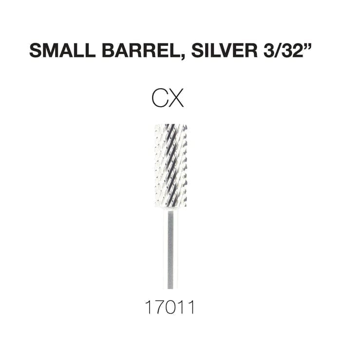 Sure! Here's the revised sentence with the product name replaced:
Image of a small silver barrel rotary tool bit labeled "CX" with the dimensions 3/32 inches and model number 17011 shown at the bottom. This versatile piece is also known as the Cre8tion 2-Way Carbide Small Barrel Bit 3/32".