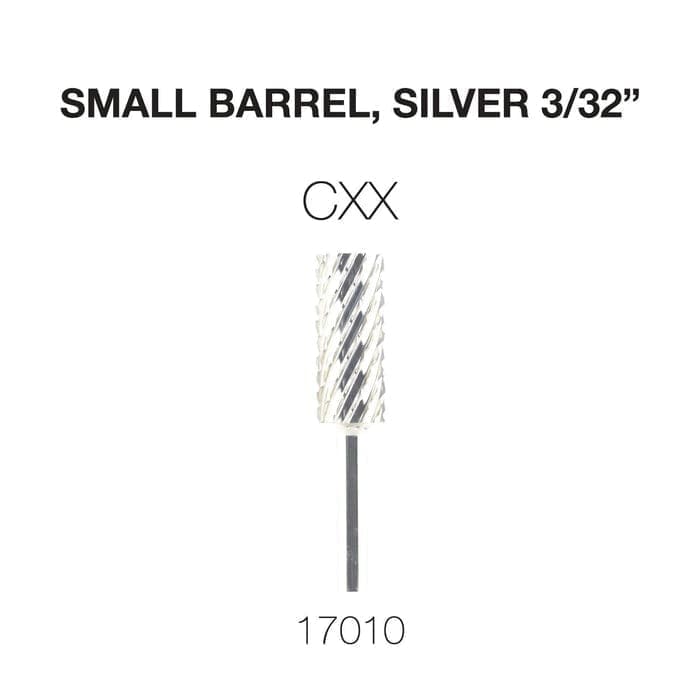 Image of a small barrel drill bit, silver in color, 3/32 inches in size. The labeling reads "CXX" and the product number "17010" is shown below. This Cre8tion 2-Way Carbide Small Barrel Bit 3/32" is perfect for precise applications.