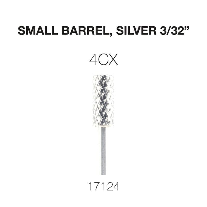 Close-up of a small silver cylindrical tool labeled "Cre8tion 2-Way Carbide Small Barrel Bit 3/32," with an additional code "4CX" and the number "17124" displayed below it.