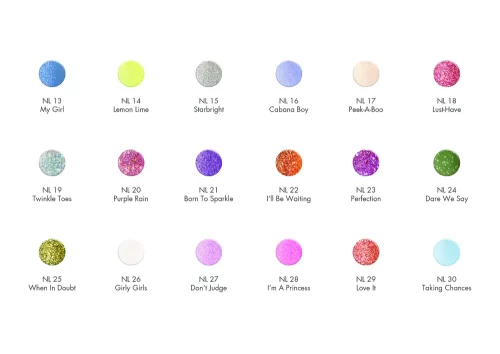A colorful chart featuring the NuGenesis 2oz Dip Powder Collection, showcasing a range of stunning nail polish shades.