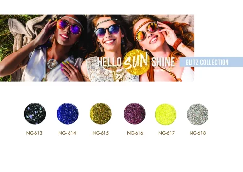 A group of women wearing sunglasses with the words hello sun smile from the NuGenesis 2oz Dip Powder Collection.
