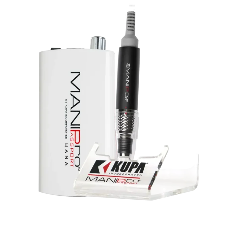 Electric nail drill and two handpiece attachments, featuring a white and black design with visible ManiPro Passport HANA (Portable Limited Edition) brand logos.