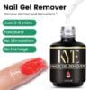A 0.5oz bottle of KYE Magic Gel Remover is displayed alongside a close-up of a fingertip coated in gel. The features highlighted include its effectiveness within 3-5 minutes, rapid action, lack of irritation, and non-damaging properties.