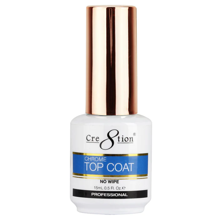 A bottle of Cre8tion Metallic Chrome Base Coat 0.5oz with a golden cap and white label displaying "No Wipe," "15ml 0.5oz," and "Professional." This stunning metallic chrome base coat offers a sleek finish.