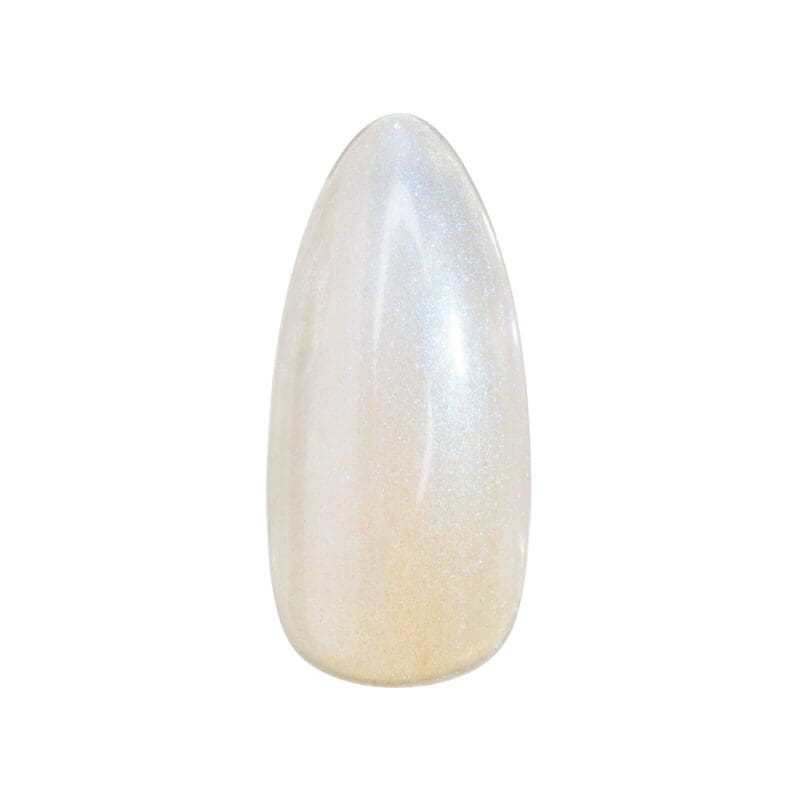 A white and yellow shaped nail with apres Heavenly Top Gel Coat Set of 6 on a white background.