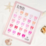 A display board shows 24 different shades of Lavis Gel Pink Collection 0.5oz nail polish, arranged in rows of pairs. The image also features a starfish and seashells on a light background.