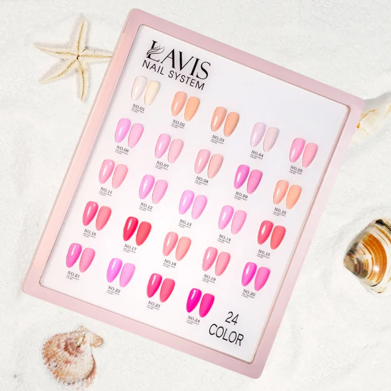 A display board shows 24 different shades of Lavis Gel Pink Collection 0.5oz nail polish, arranged in rows of pairs. The image also features a starfish and seashells on a light background.