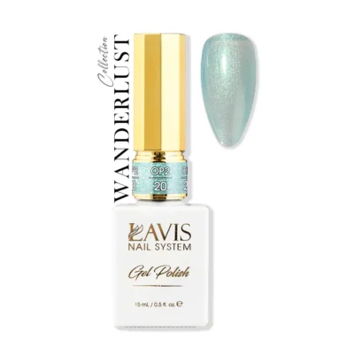 Lavis Gel Wanderlust Collection 0.5oz nail polish in a blue bottle with a gold top.