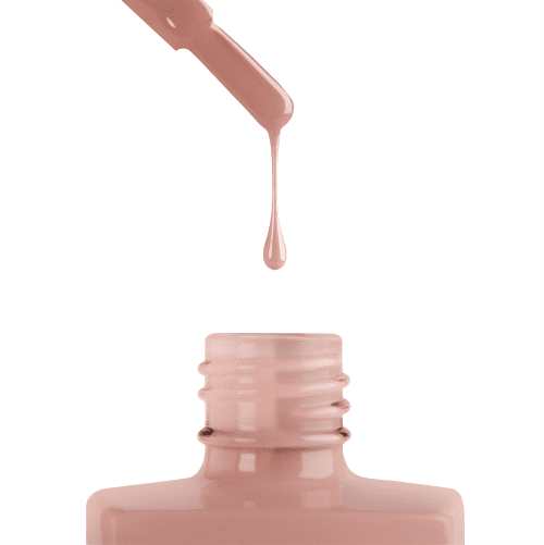A bottle of apres Gel Color Nude nail polish with a droplet on top.