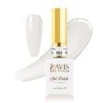 A 0.5oz bottle from the Lavis Gel Pink Collection, labeled "Pink Cotton," with a gold cap is displayed alongside a nail swatch and a drop of the gel polish.