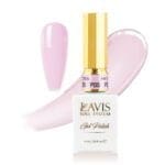 A bottle of Lavis Gel from the Pink Collection, labeled P05, is displayed alongside a sample of its vibrant pink shade. A brushstroke of the polish is shown in the background. This 0.5oz Lavis Gel promises a flawless finish.
