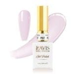 A bottle of Lavis Gel Pink Collection 0.5oz with a gold cap, labeled shade P07, sits next to a color swatch of light pink nail polish.