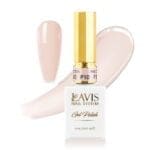 A bottle of Lavis Gel Pink Collection 0.5oz from Lavis Nail System is displayed next to a painted swatch, showcasing a light pink color. The 0.5 oz (15 mL) bottle, adorned with an elegant gold cap, contains P10 gel polish.
