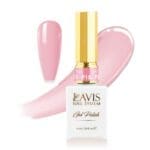 A bottle of Lavis Gel Pink Collection 0.5oz, labeled P15 with a gold cap, is shown alongside a pink polish swatch. The gel polish ensures long-lasting shine and vibrant color.