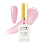 A bottle of Lavis Gel Pink Collection 0.5oz nail polish, with a gold cap, is shown alongside a swatch of light pink nail polish. The bottle is labeled P16.