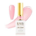 A 0.5oz bottle of Lavis Gel Polish from the Pink Collection, shade P18, featuring a gold cap and showcasing a swatch of the pink nail polish color.
